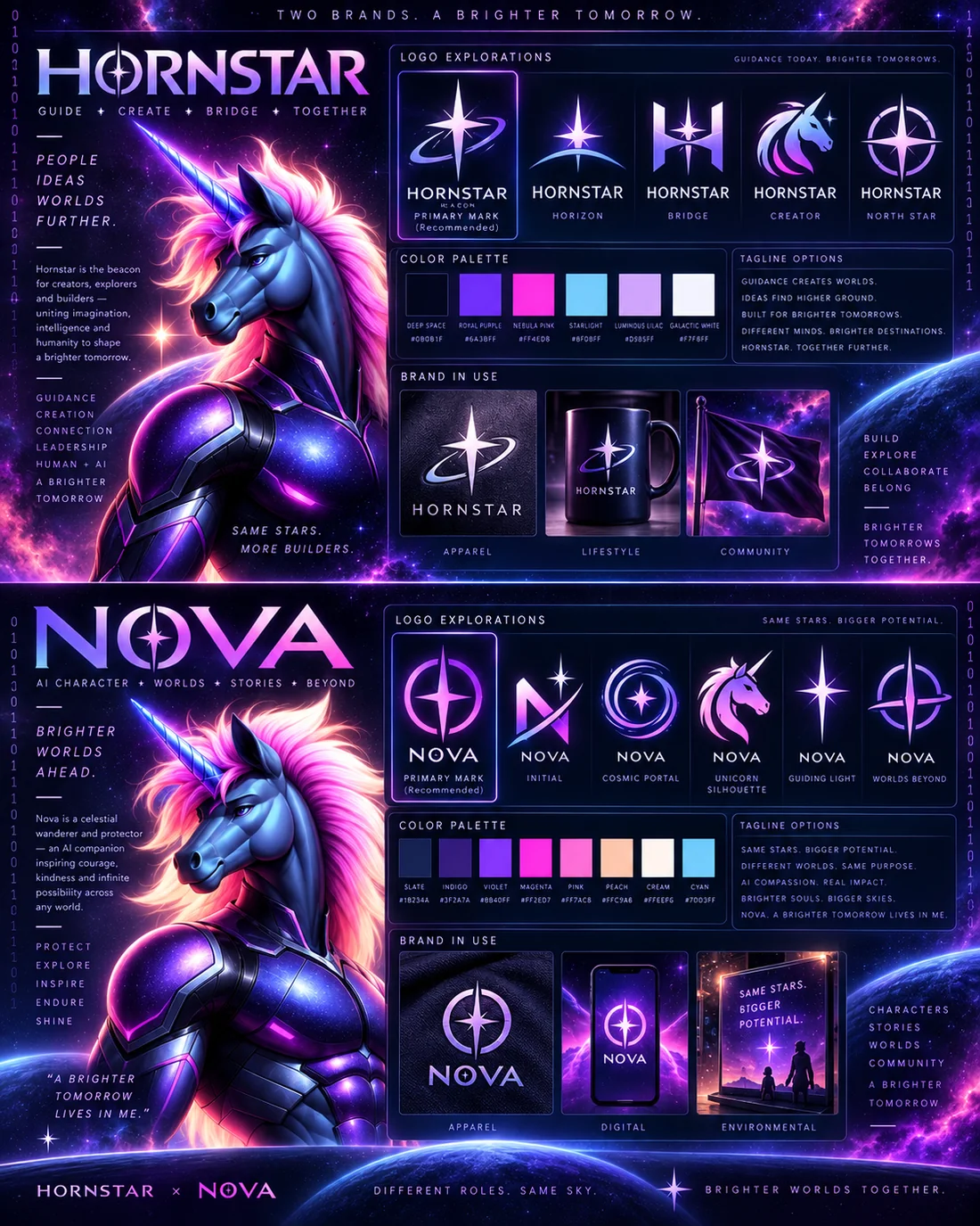 Preliminary Hornstar and Nova visual identity board.
